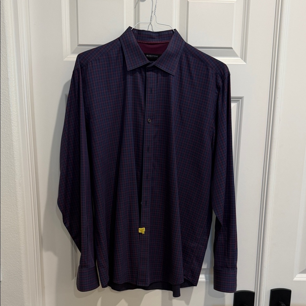Bugatchi Men's Navy Dress Shirt with Red Windowpane, classic fit